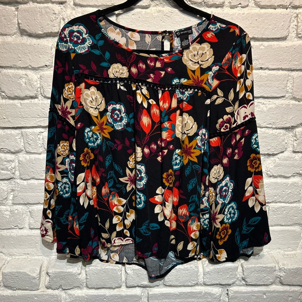 Long Bell Sleeve Eyelet Detailing Floral Shirt